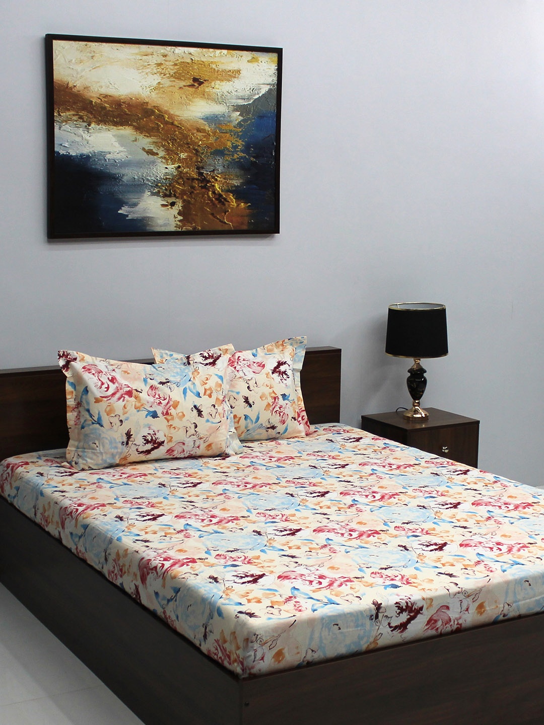 

BOMBAY DYEING Floral 144 TC Cotton Queen Bedsheet with 2 Pillow Covers, Blue