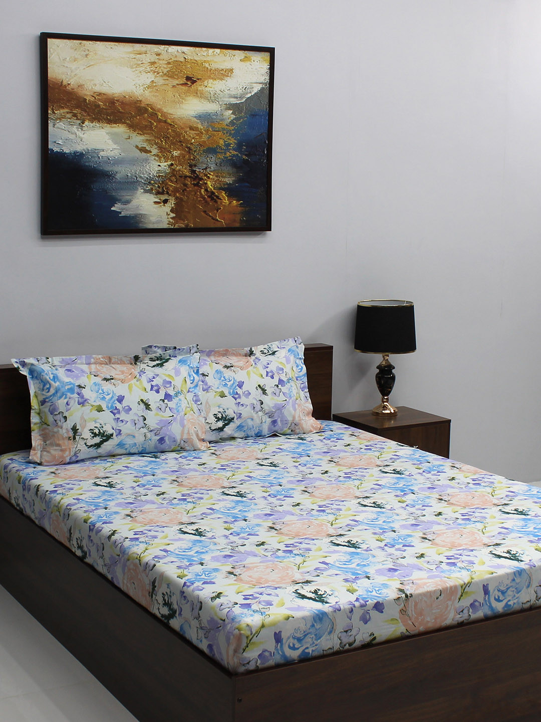 

BOMBAY DYEING Floral 144 TC King Cotton Bedsheet with 2 Pillow Covers, Blue