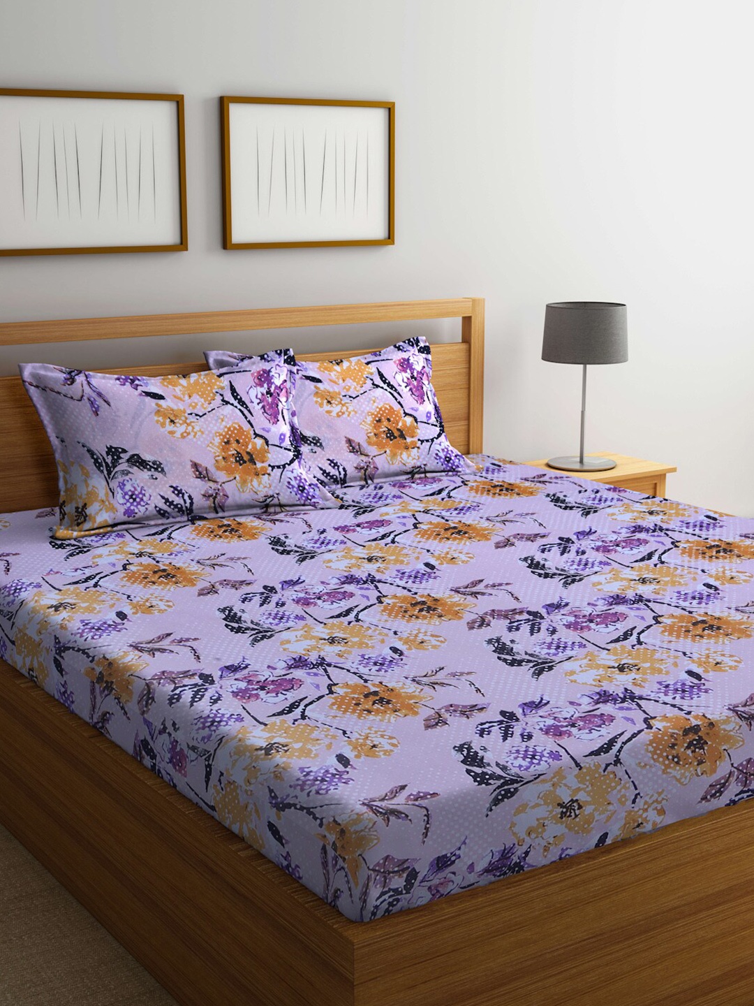 

BOMBAY DYEING Lavender & Purple Floral 100 TC Queen Bedsheet with 2 Pillow Covers