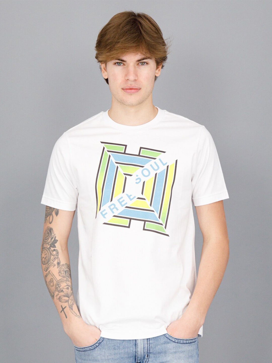 

FREESOUL Men Typography Printed Round Neck Cotton T-shirt, White