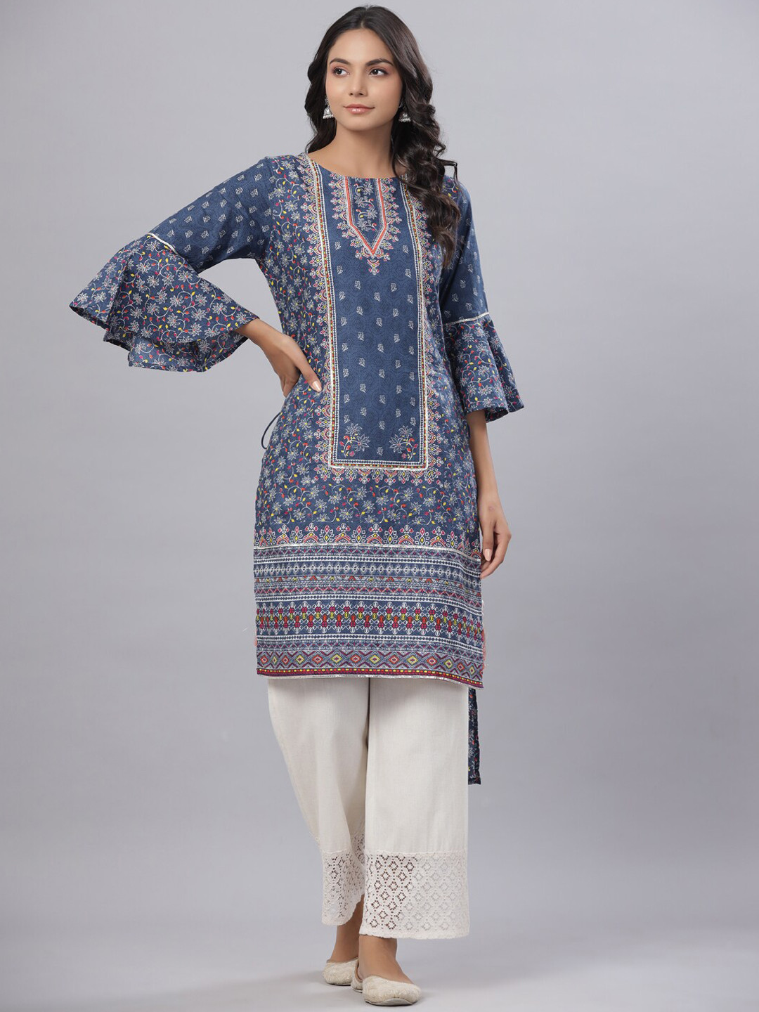 

Juniper Women Blue Floral Printed Straight High-Low Bell Sleeves Gotta Patti Kurta