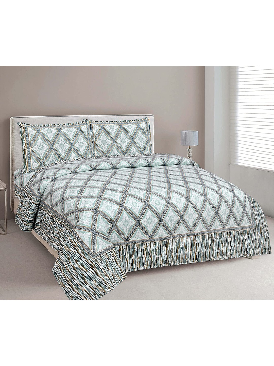 

EasyGoods Grey & Green Ethnic Motifs 240 TC Cotton King Bedsheet with 2 Pillow Covers