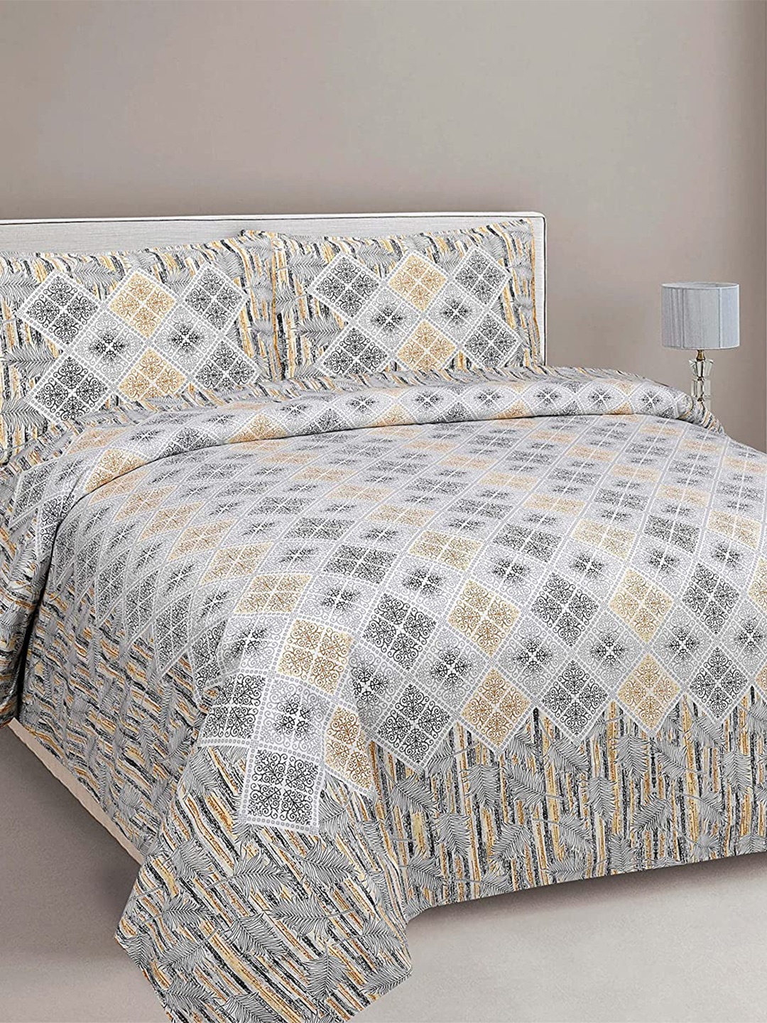 

EasyGoods Printed 240 TC Pure Cotton King Bedsheet with 2 Pillow Covers, Grey