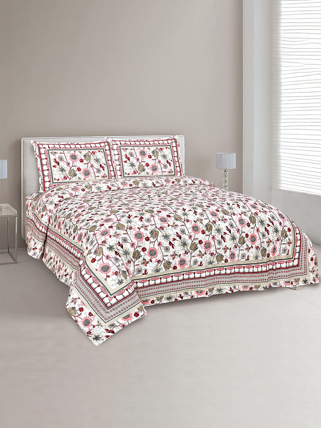 

EasyGoods Printed 240 TC Pure Cotton King Bedsheet with 2 Pillow Covers, White