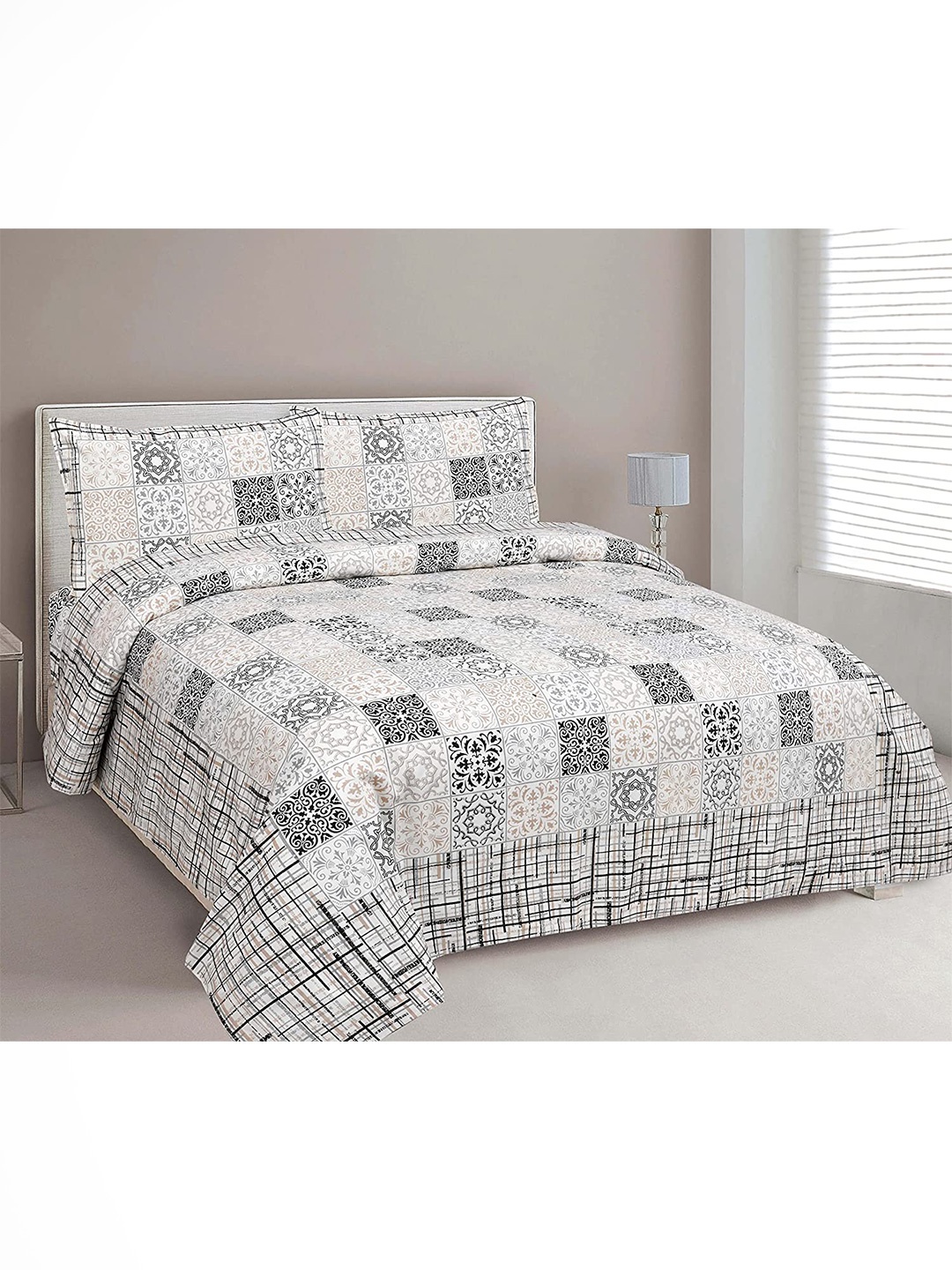 

EasyGoods Off White & Grey Ethnic Motifs 240 TC Cotton King Bedsheet with 2 Pillow Covers