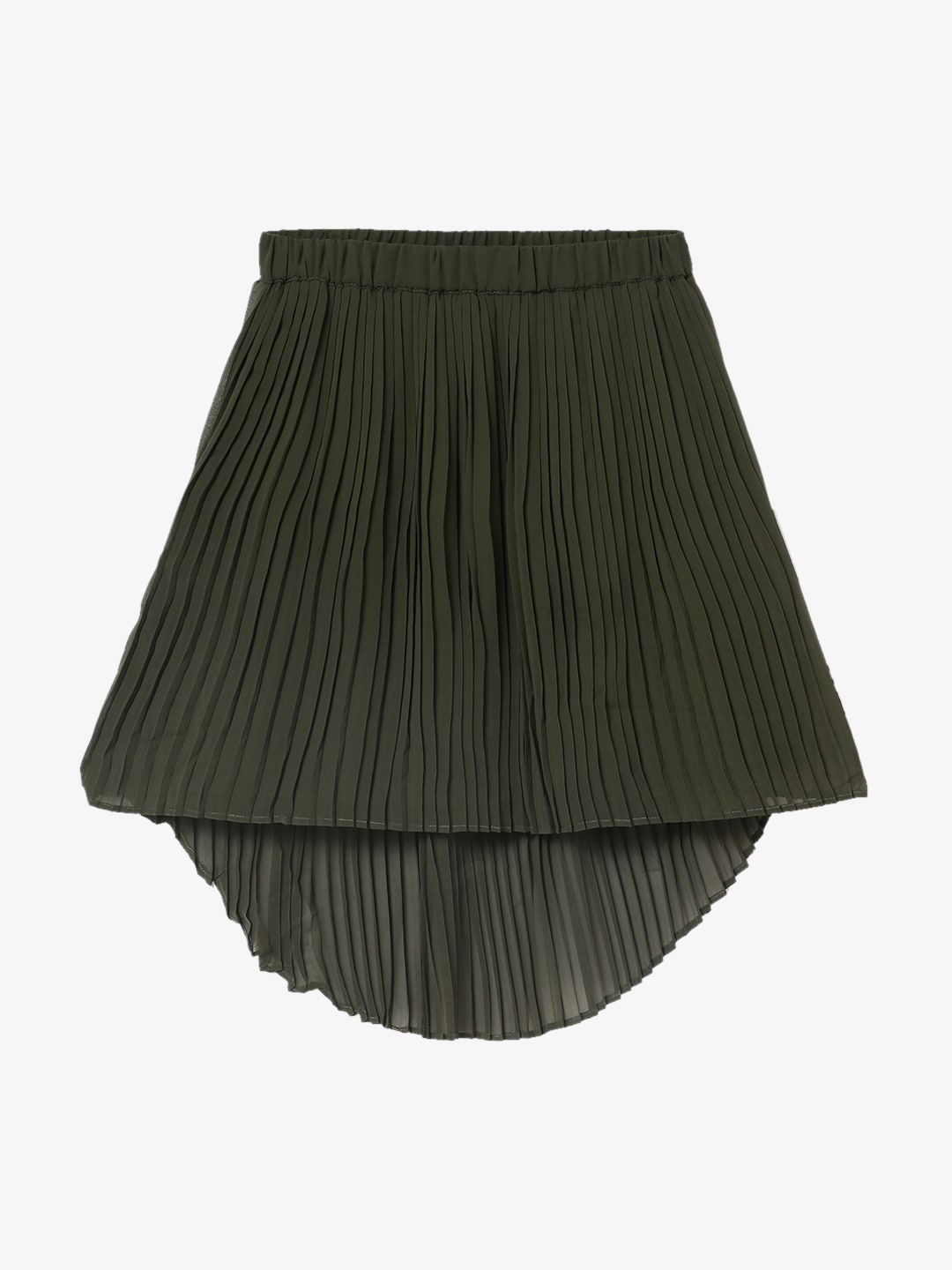 

Fame Forever by Lifestyle Girls Solid Pleated Flared High-Low Skirts, Olive