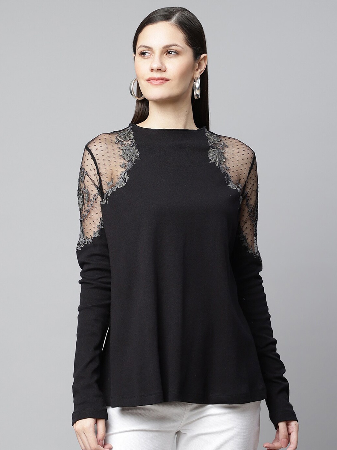 

HOUSE OF S Women Black Embroidered Top