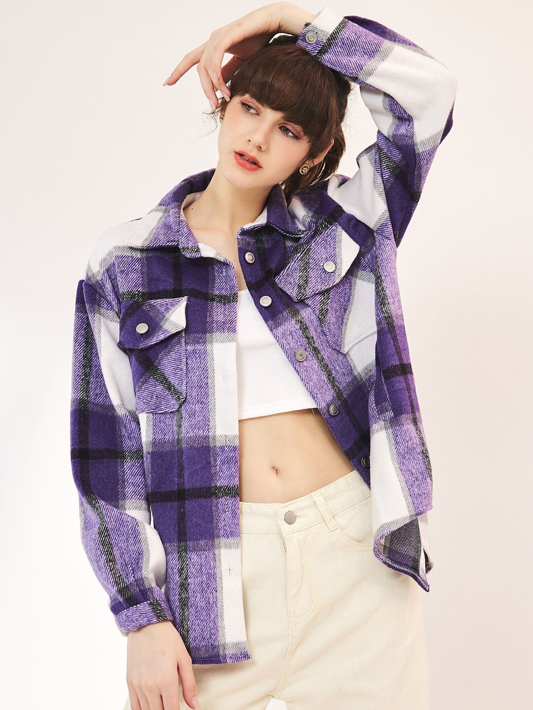 

URBANIC Women Checked Longline Tailored Jacket, Purple