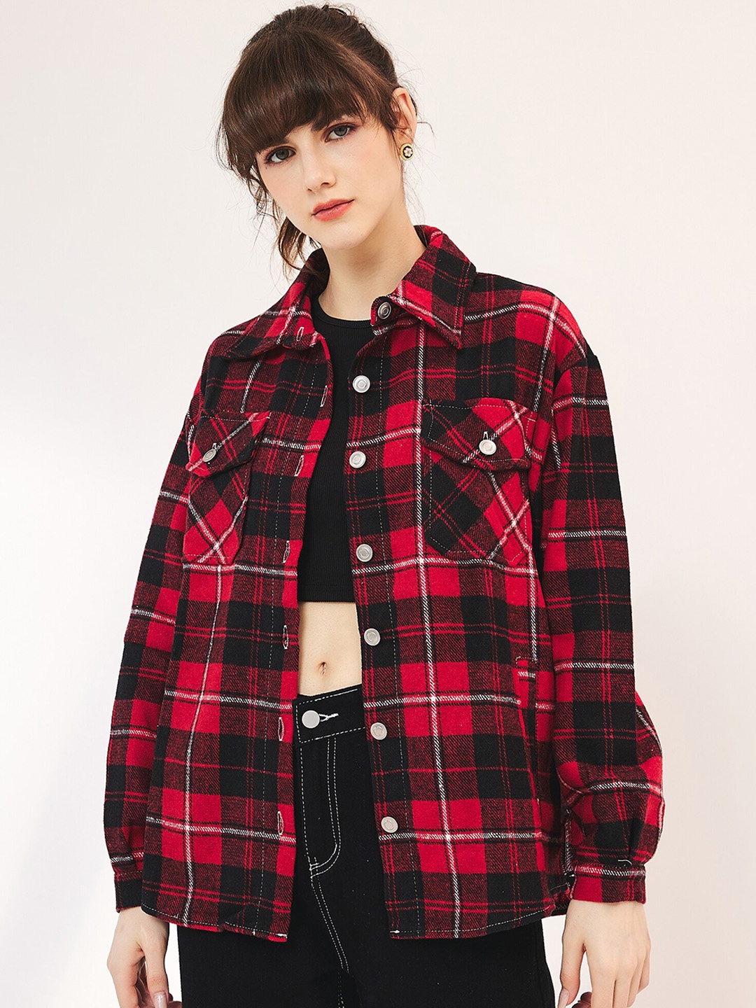 

URBANIC Women Checked Longline Tailored Jacket, Red