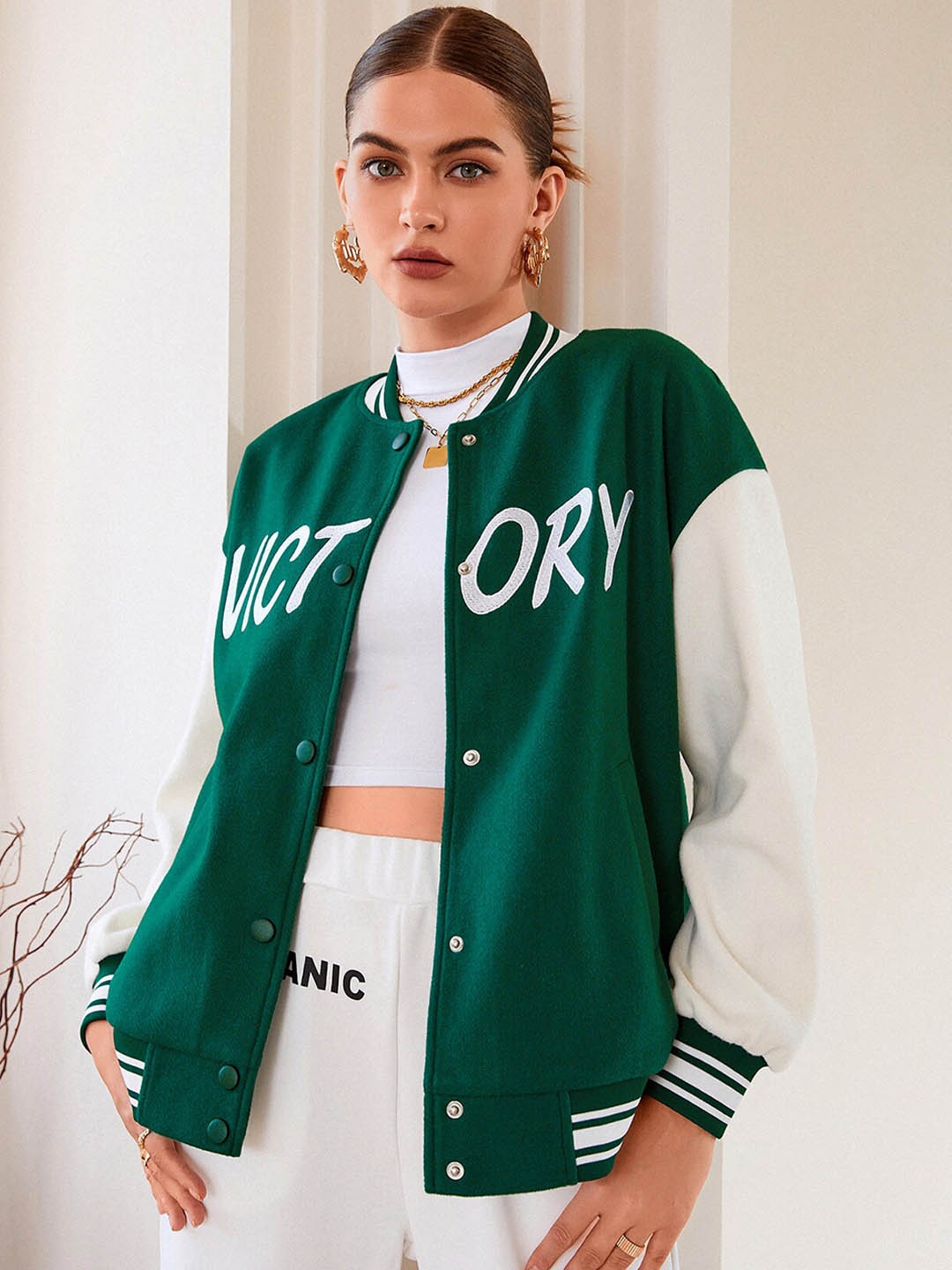 

URBANIC Women Typography Crop Bomber Jacket, Green