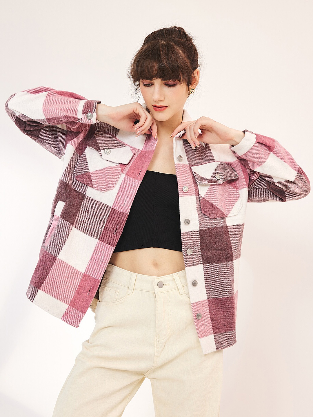 

URBANIC Women Checked Bomber Jacket, Pink