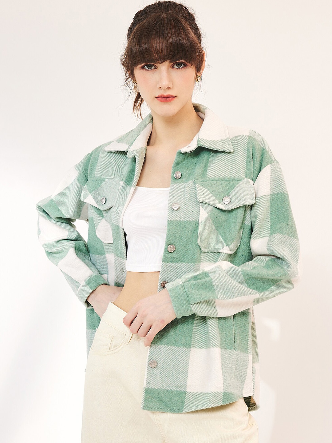 

URBANIC Women Checked Longline Tailored Jacket, Green