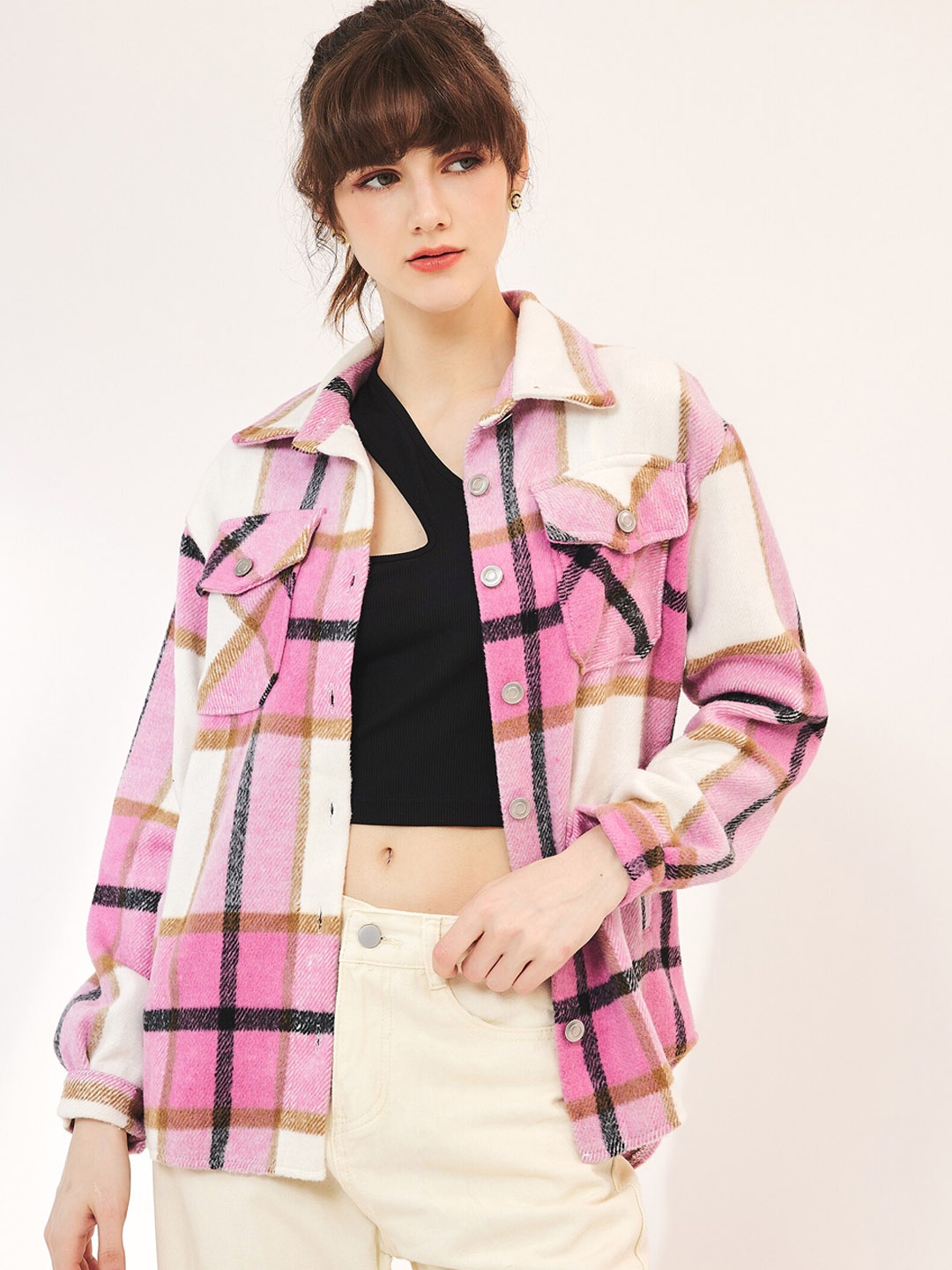 

URBANIC Women Checked Longline Tailored Jacket, Pink