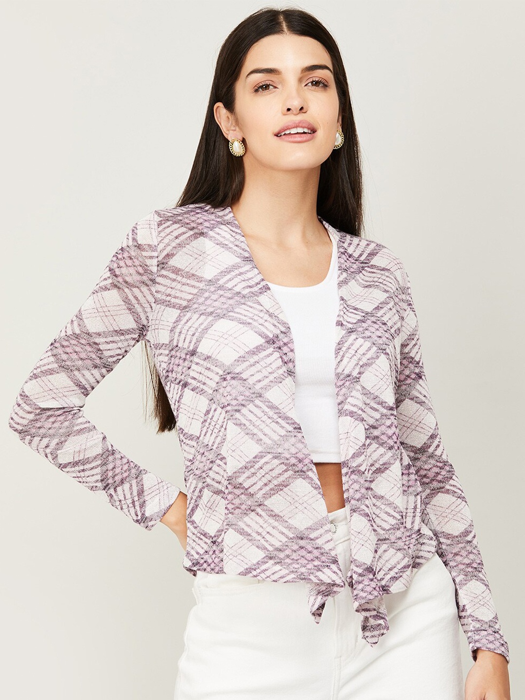 

CODE by Lifestyle Women Checked Open Front Shrug, Purple