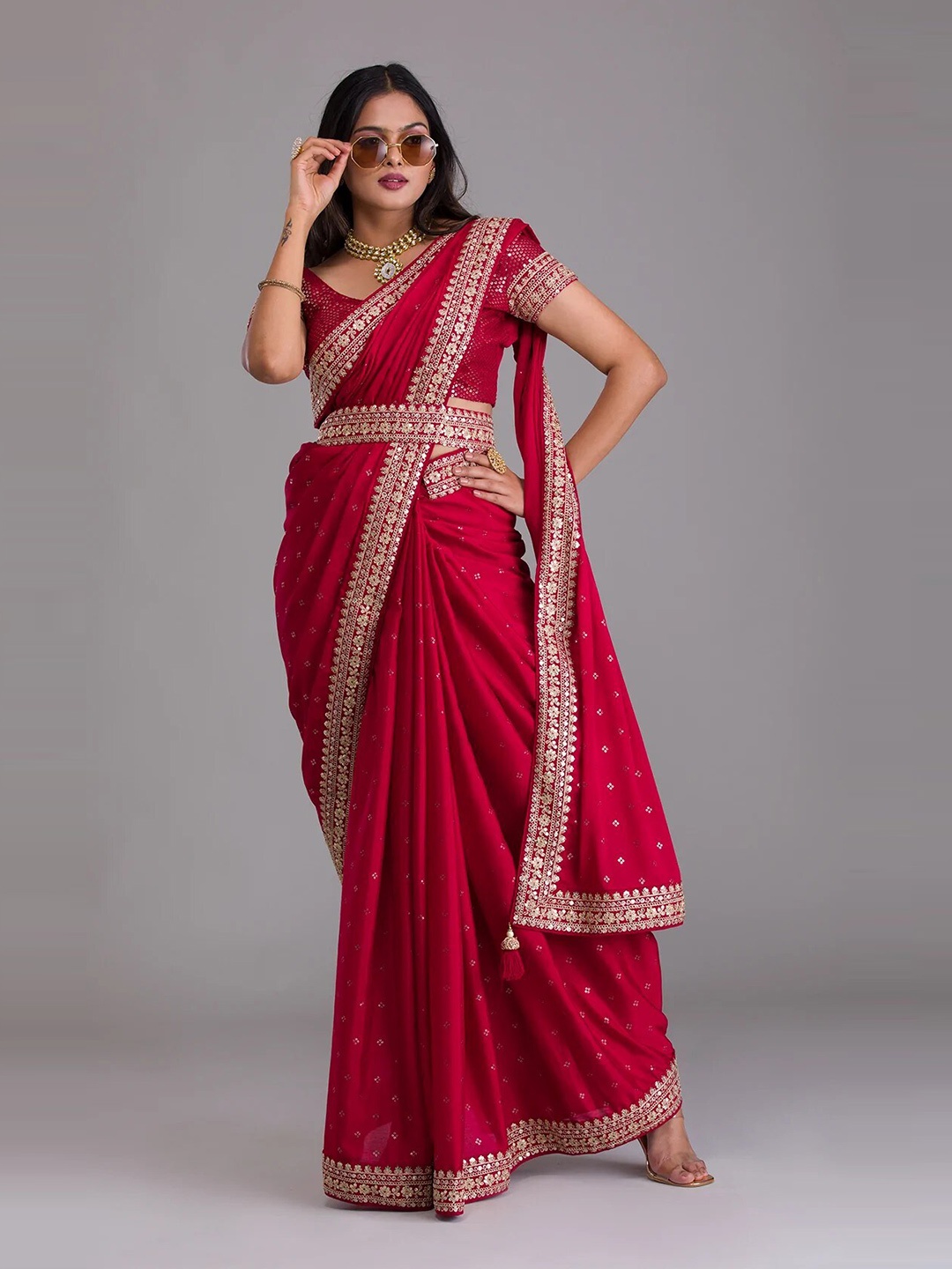 

Mitera Ethnic Motifs Embroidered Silk Blend Saree, Pink