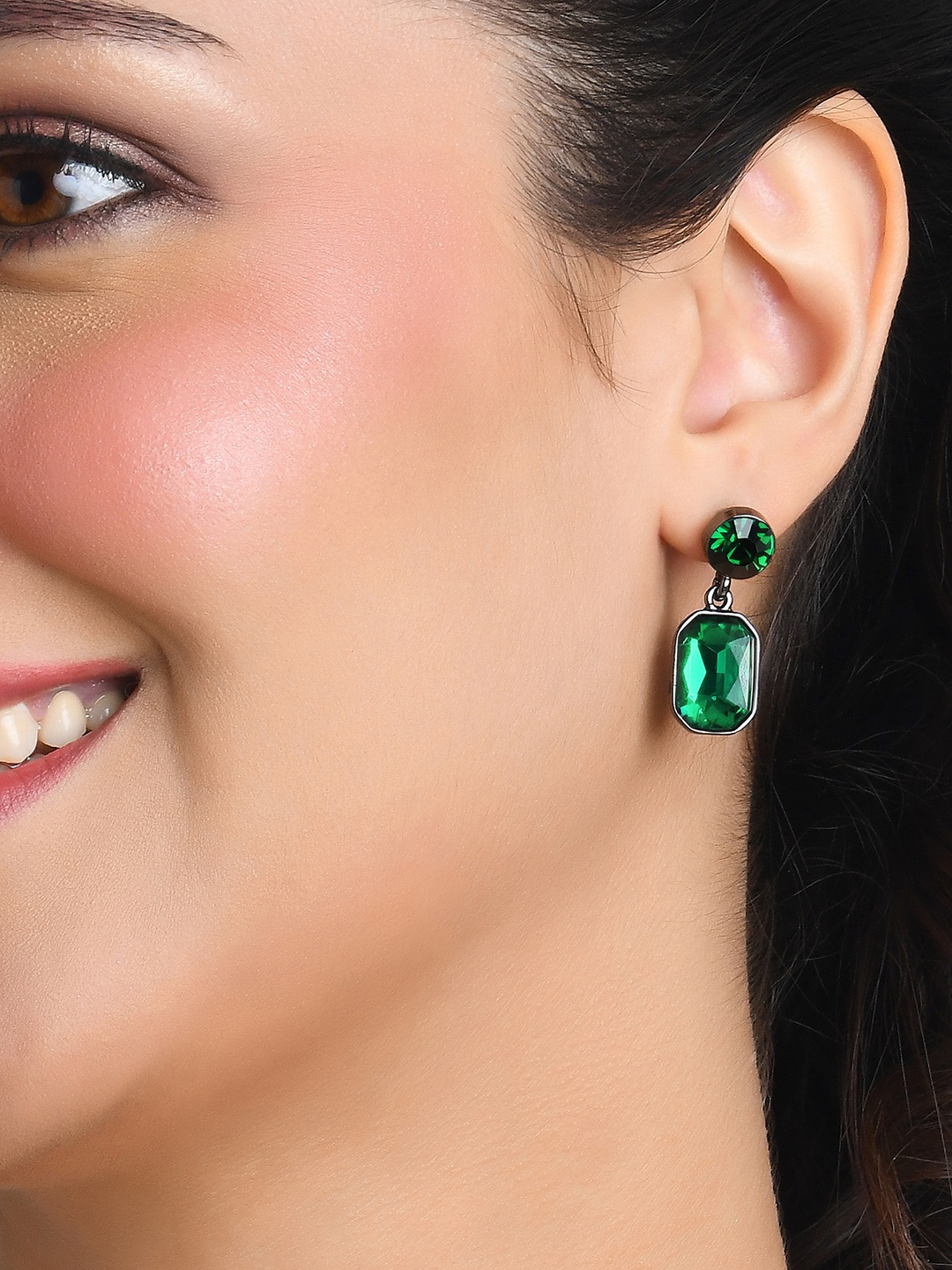

ToniQ Women Green Silver-Plated Geometric Drop Earrings