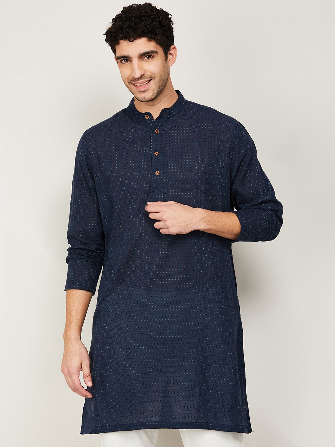 

Melange by Lifestyle Men Navy Blue Checked Woven Design Kurta