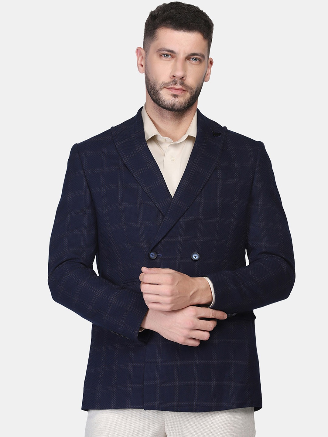 

Blackberrys Men Checked Slim Fit Blazer, Navy blue