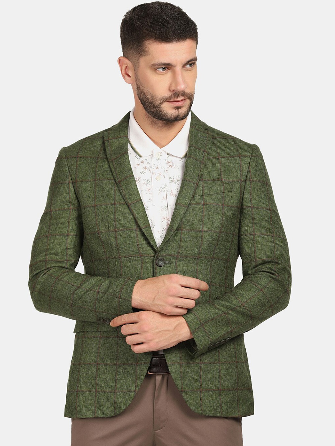 

Blackberrys Men Olive-Green Checked Woolen Slim-Fit Single Breasted Blazer