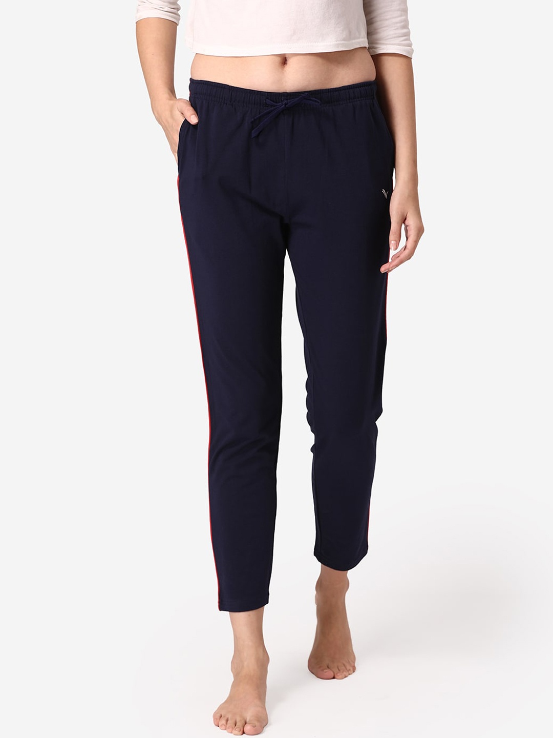

Vami Women Solid Low-Rise Cotton Track Pants, Navy blue