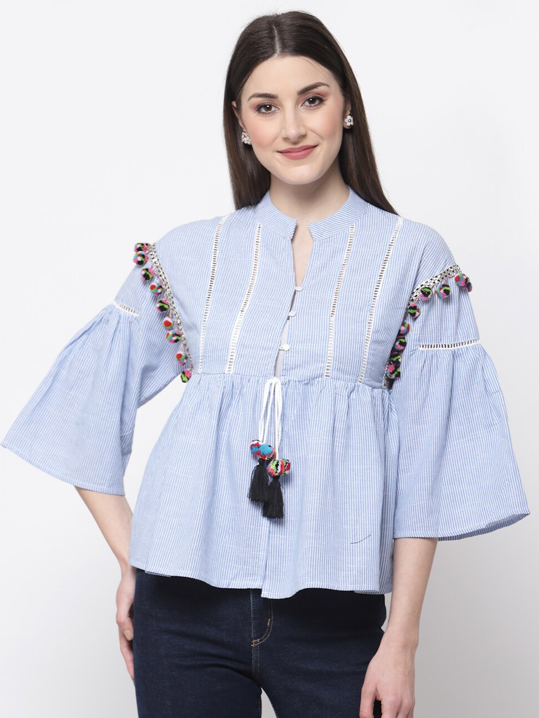 

Mafadeny Striped Mandarin Collar Top, Blue