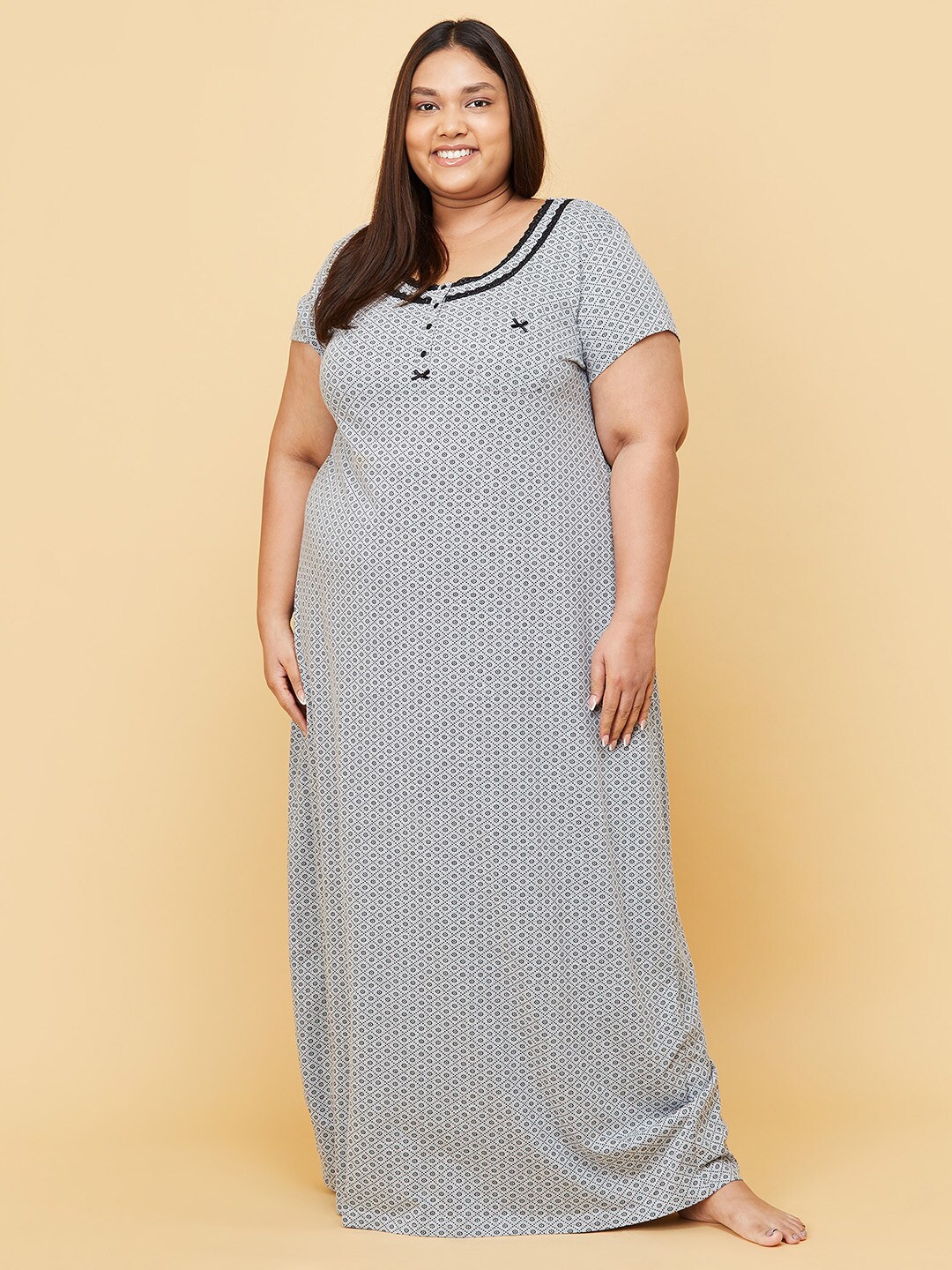 

max Plus Women Grey Melange Printed Maxi Nightdress