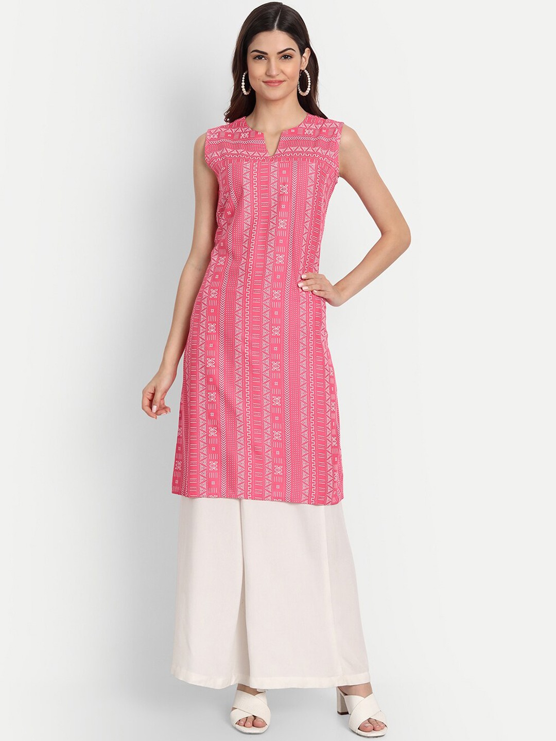 

fabGLOBAL Women Pink Geometric Printed Sleeveless Kurta