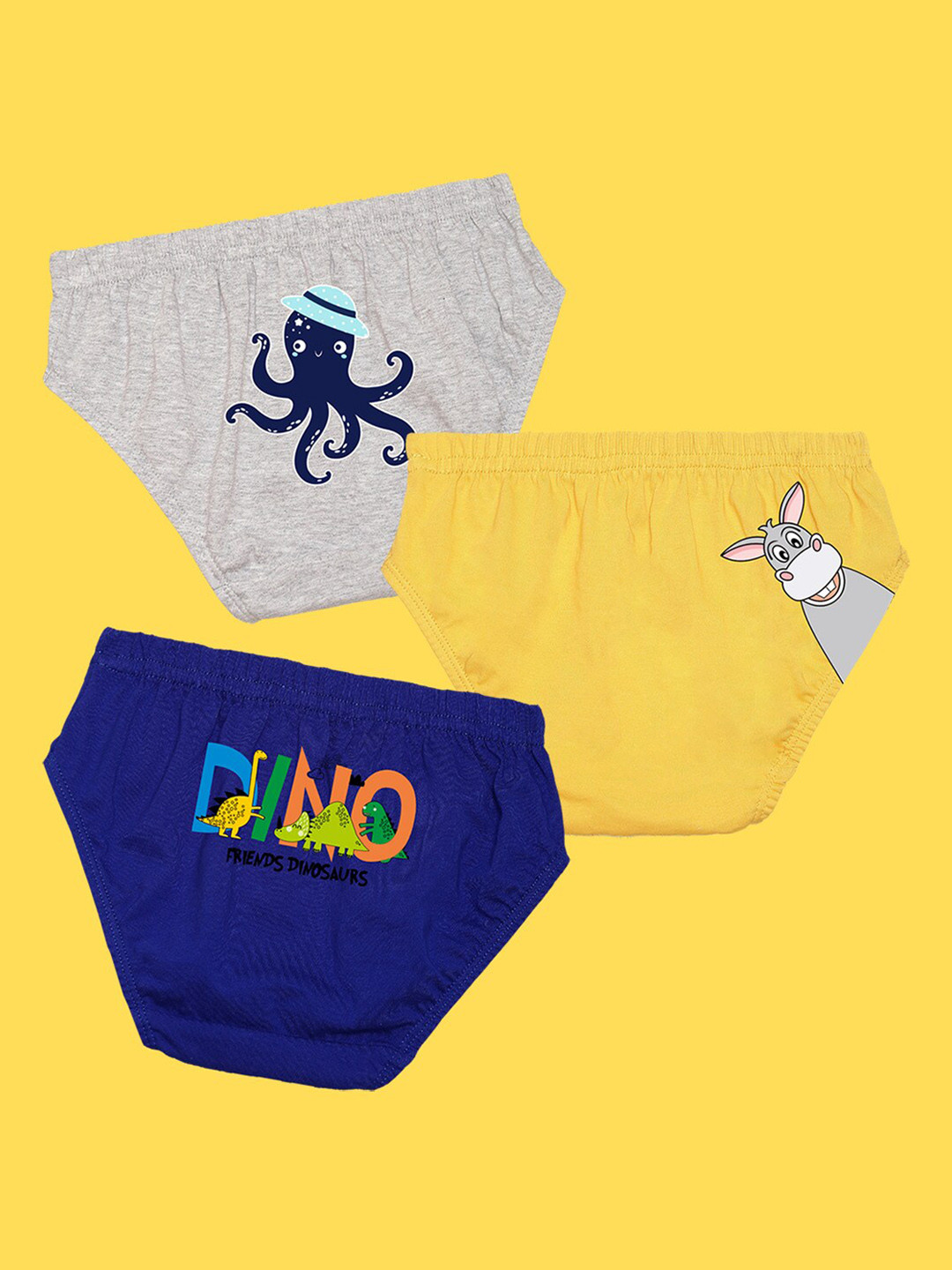 

NUSYL Boys Pack Of 3 Grey, Yellow & Royal Blue Printed Briefs