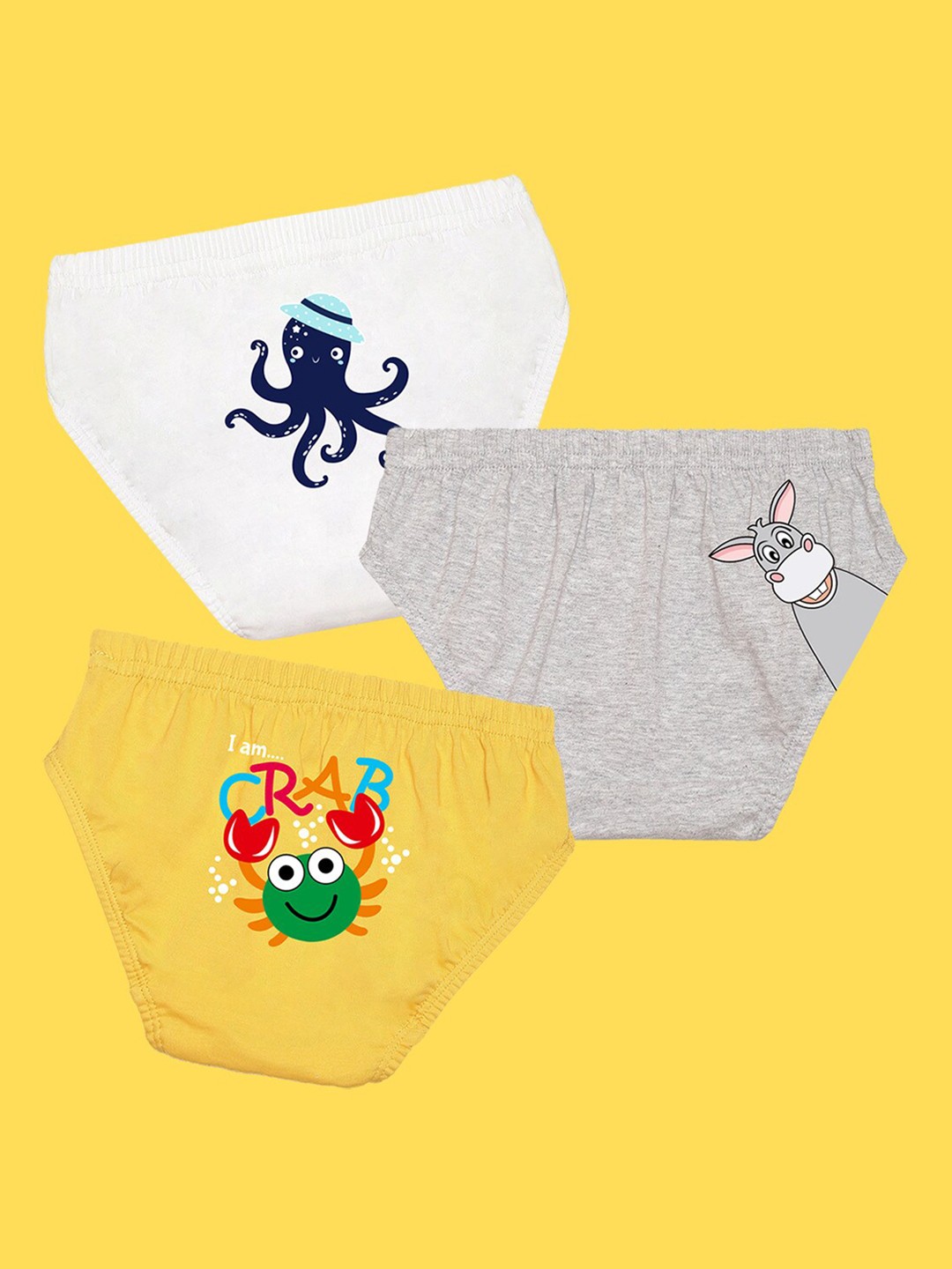 

NUSYL Boys Pack of 3 White Grey & Yellow Printed Briefs