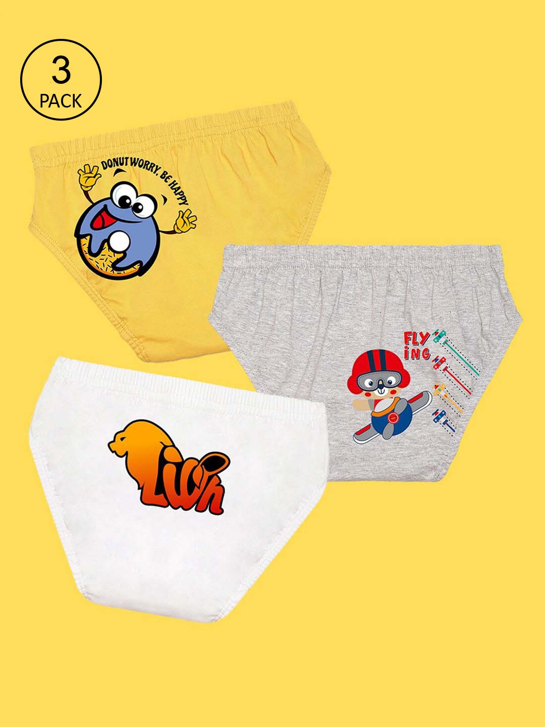 

NUSYL Boys Pack Of 3 Printed Pure Cotton Basic Briefs, Yellow