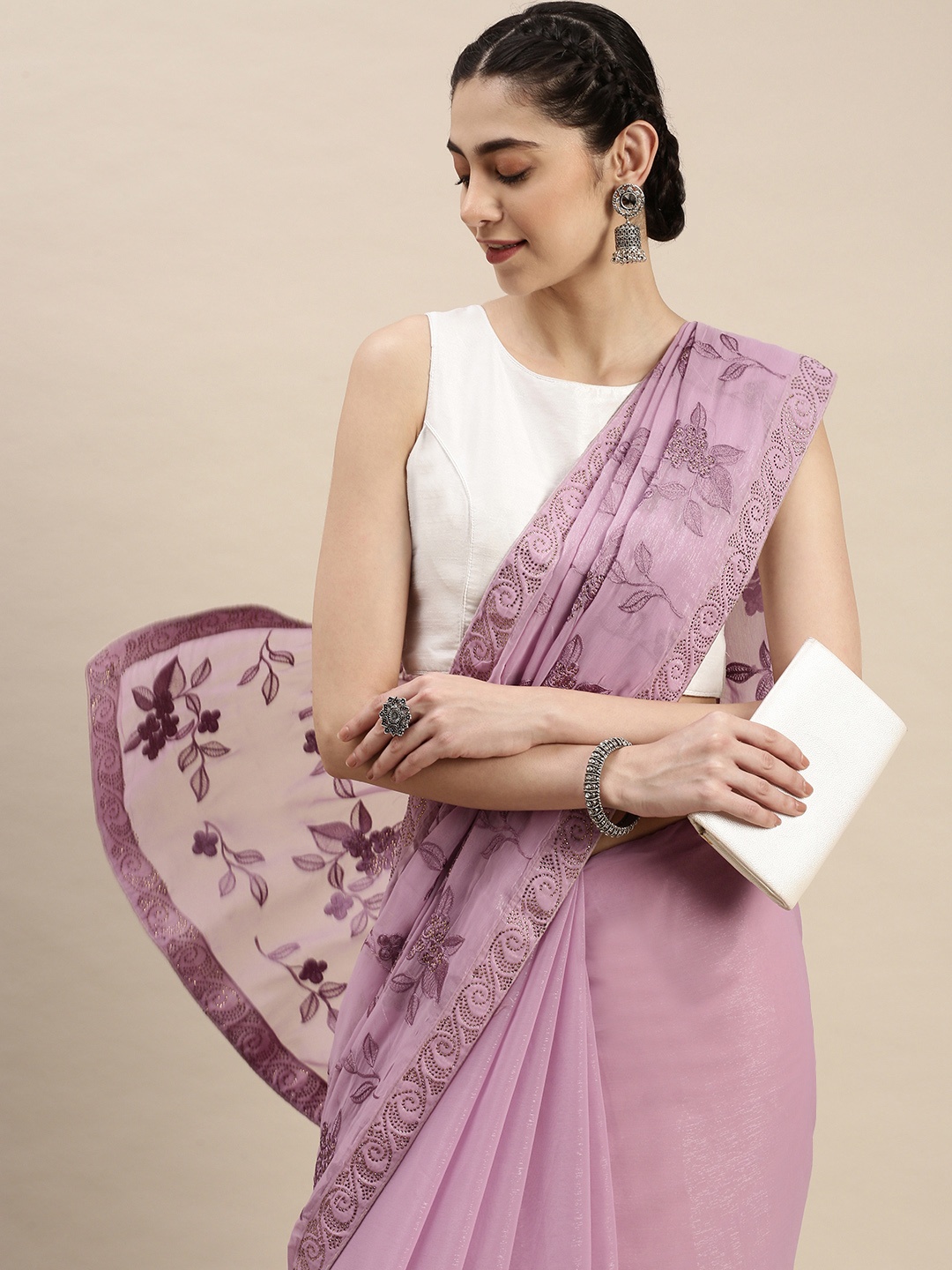 

Pothys Lavender Ethnic Embroidery Sequinned Pure Chiffon Saree