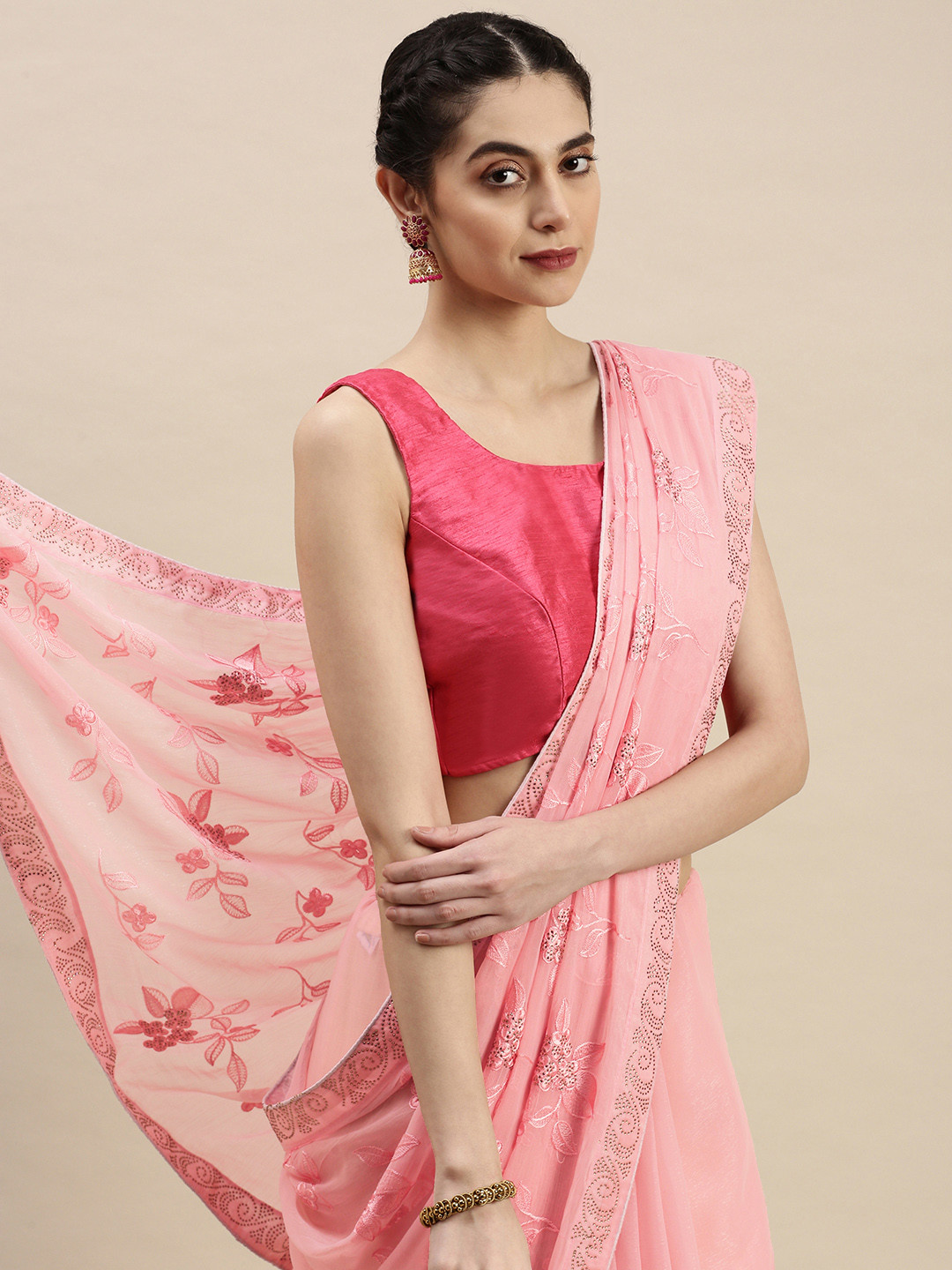 

Pothys Pink Ethnic Embroidered Sequinned Pure Chiffon Saree