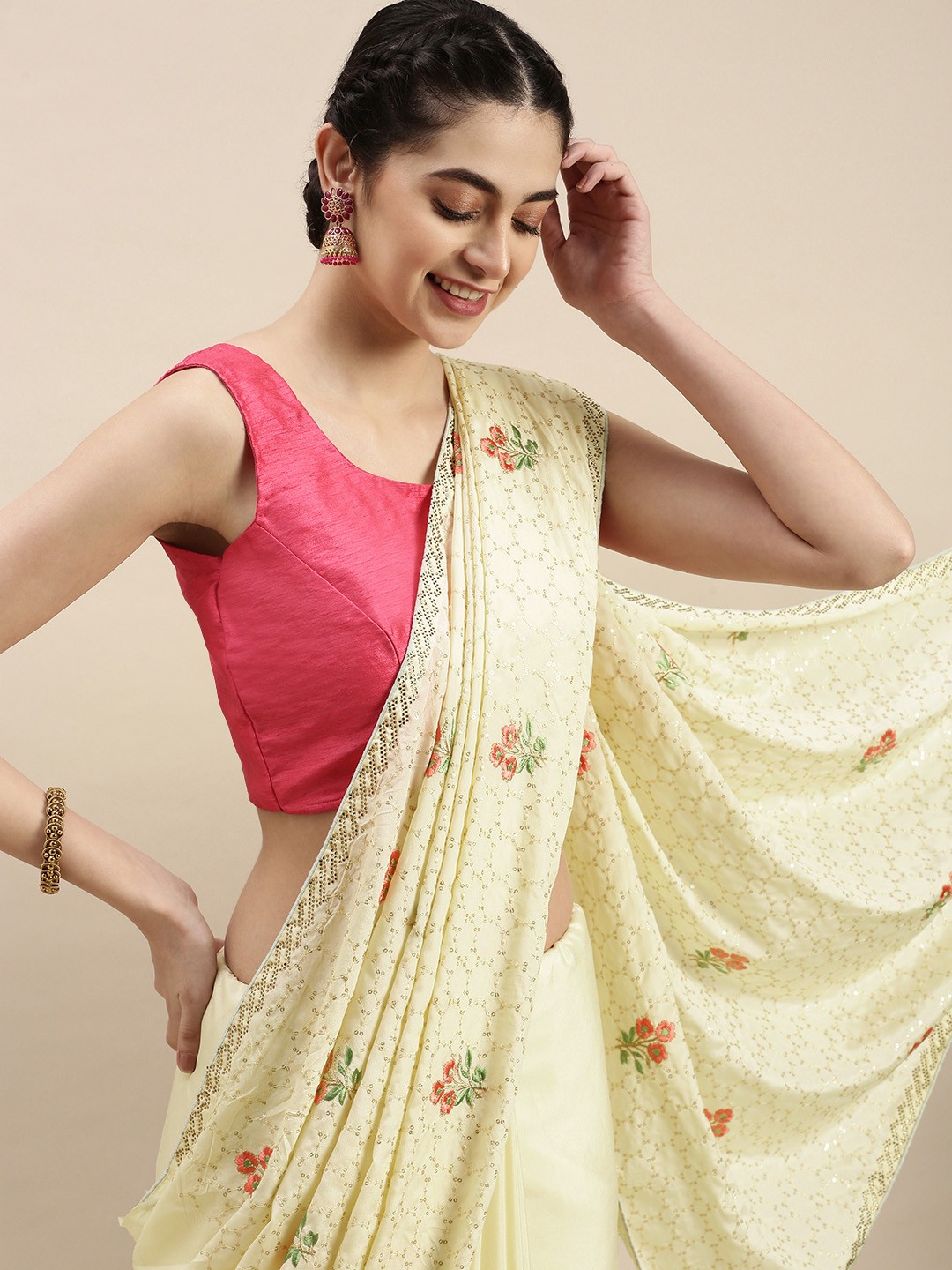 

Pothys Cream-Coloured Floral Embroidery Satin Saree