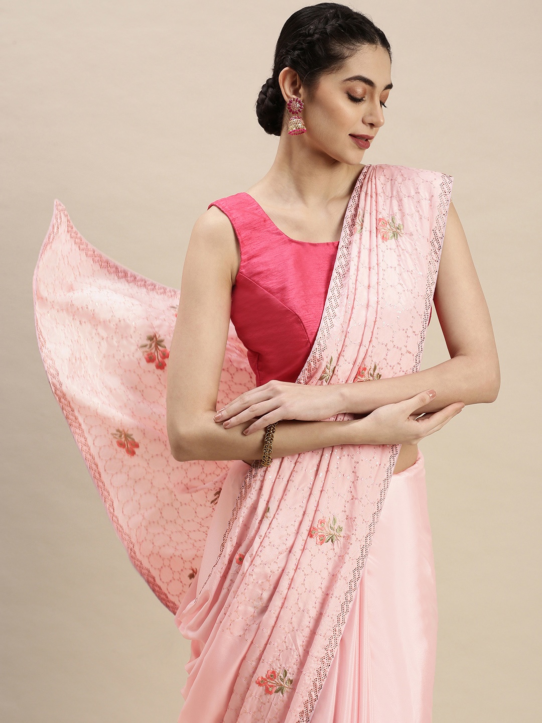 

Pothys Pink Floral Embroidered Satin Saree