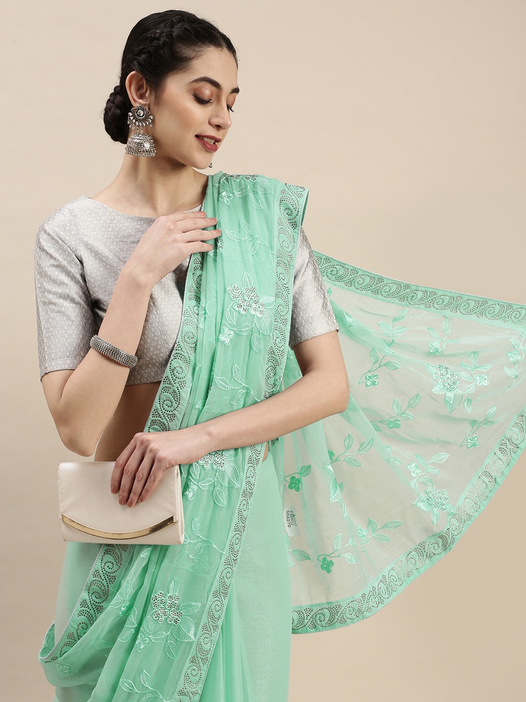 

Pothys Sea Green Ethnic Embroidery Sequinned Pure Chiffon Saree