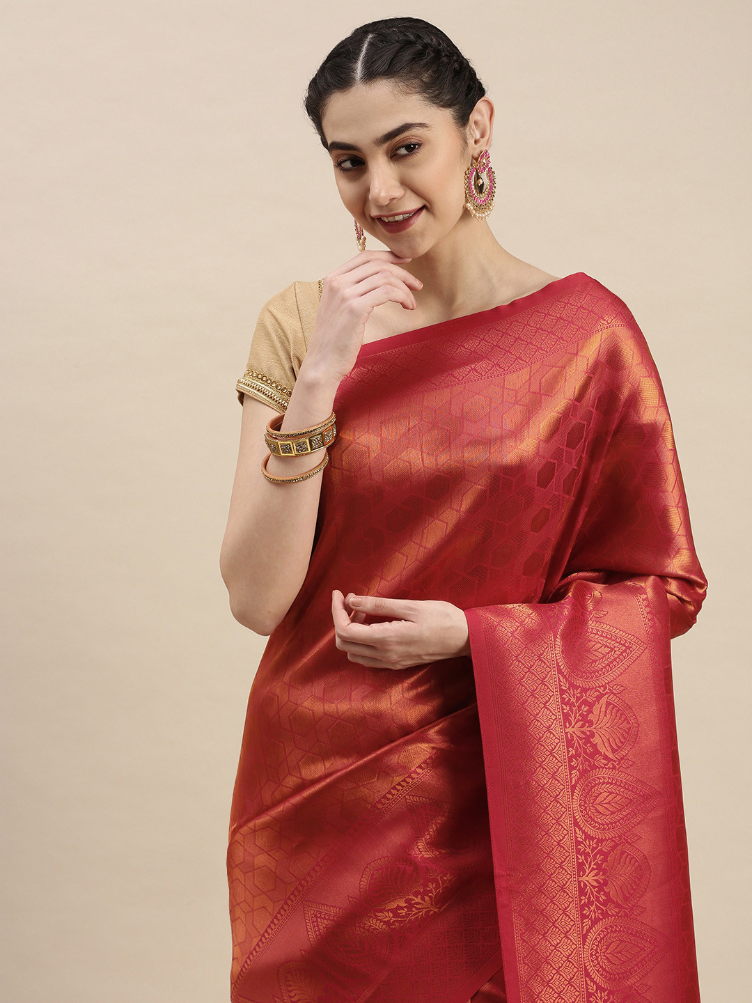 

Pothys Red Ethnic Design Art Silk Banarasi Saree