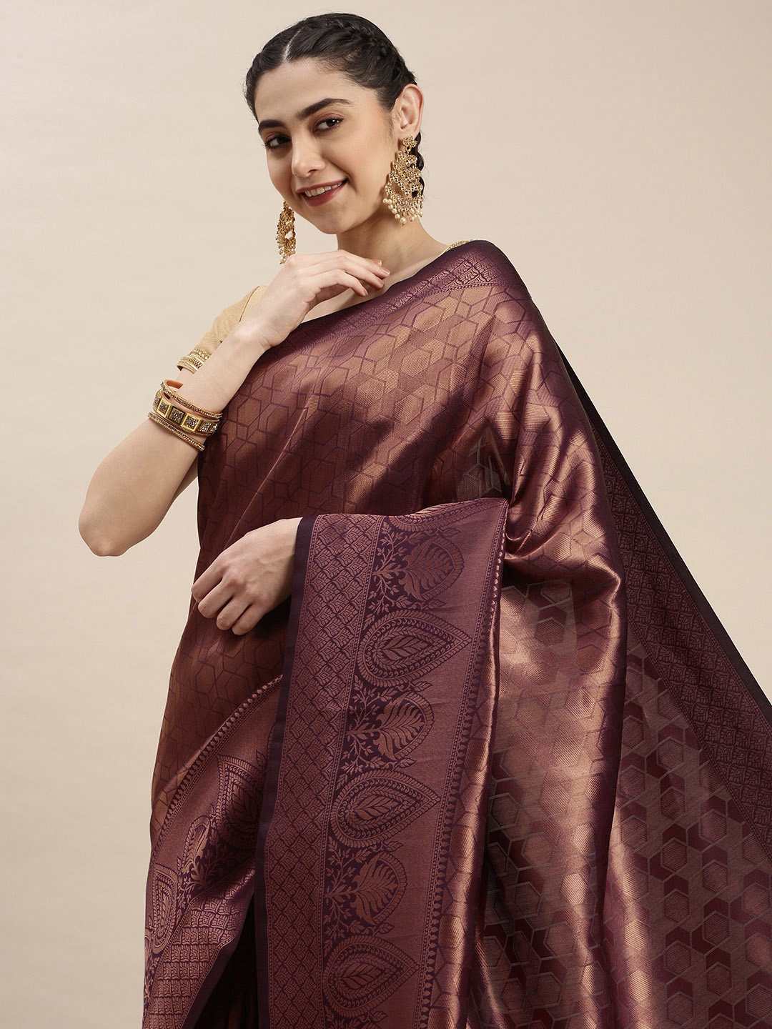 

Pothys Burgundy Ethnic Design Art Silk Banarasi Saree