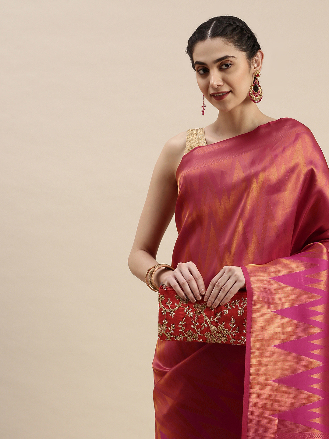 

Pothys Pink & Golden Ethnic Design Art Silk Banarasi Saree