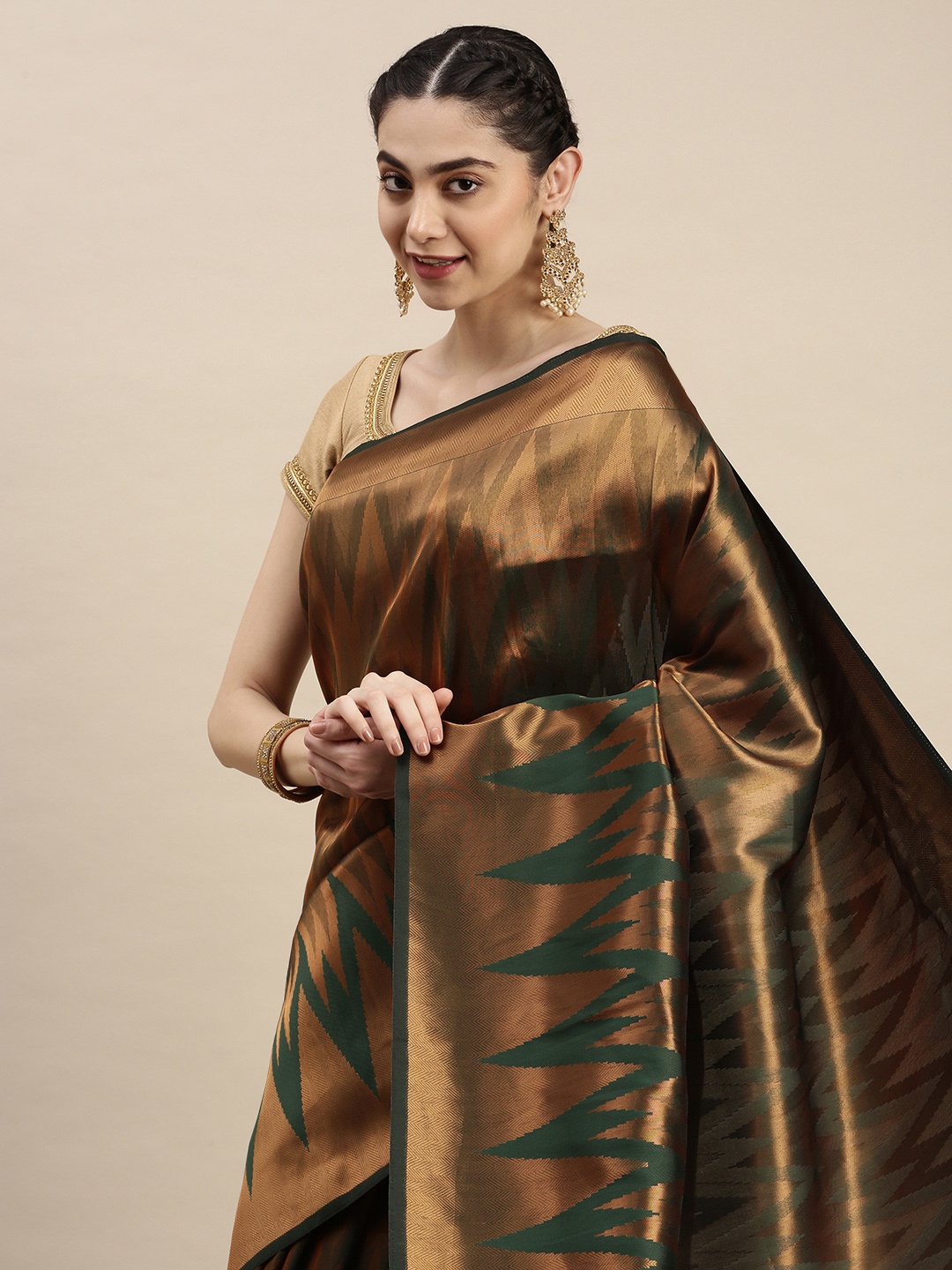 

Pothys Green & Golden Ethnic Design Art Silk Banarasi Saree