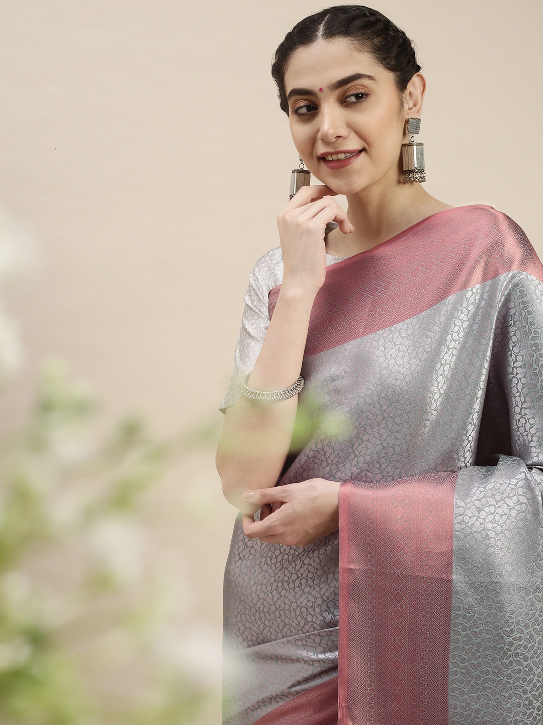

Pothys Grey Ethnic Design Art Silk Banarasi Saree