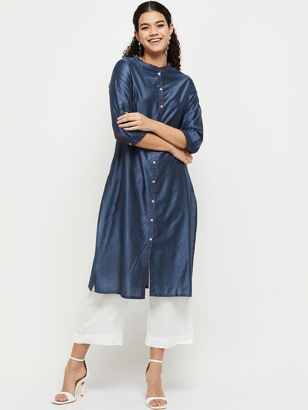 

max Women Blue Thread Work Viscose Rayon Kurta