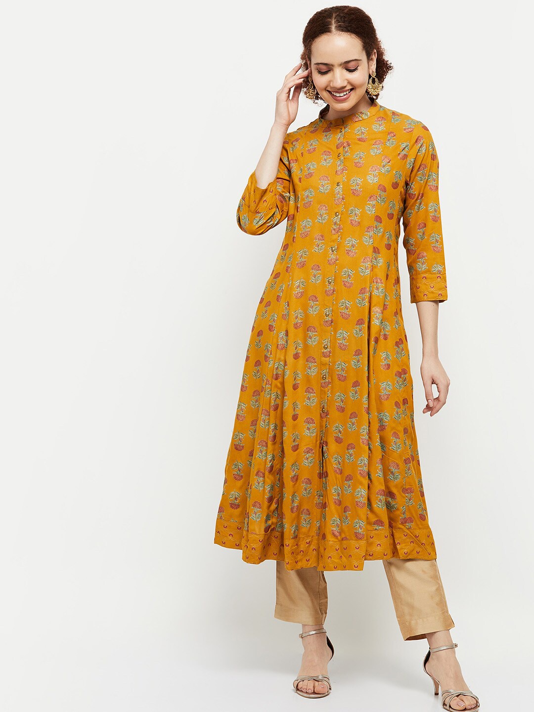 

max Women Mustard Yellow Ethnic Motifs Printed Anarkali Kurta