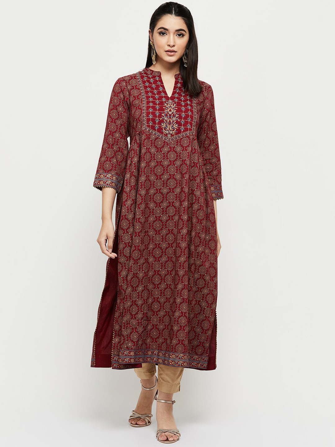 

max Women Red Ethnic Motifs Printed Thread Work Kurta