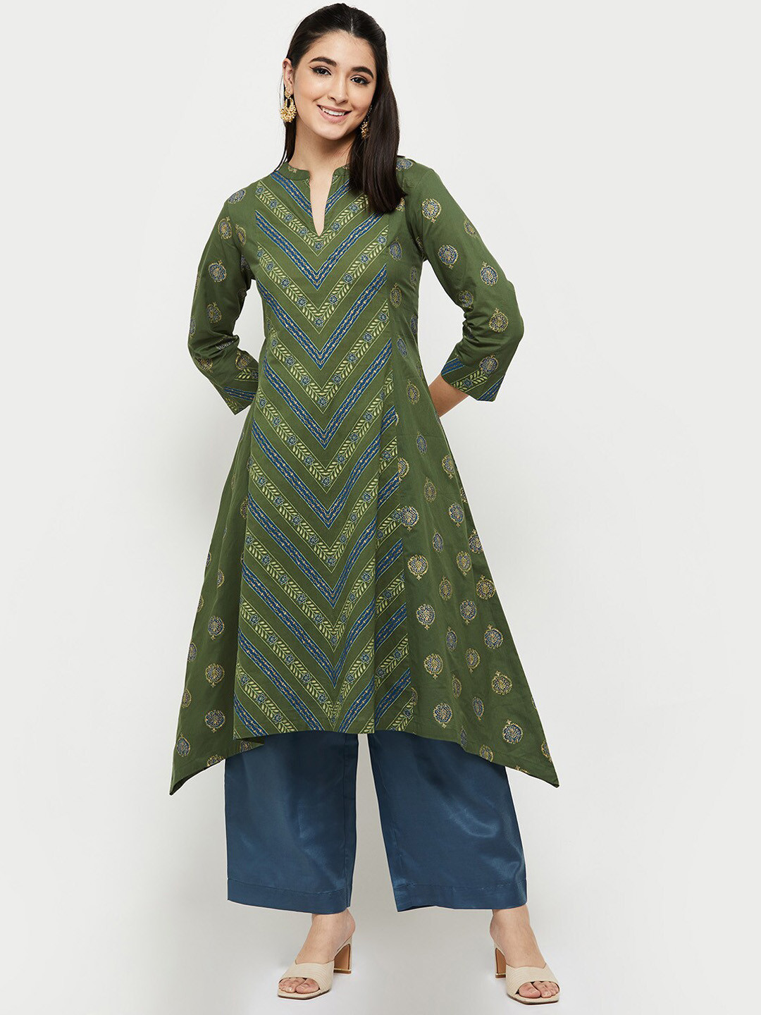 

max Women Olive Green Ethnic Motifs Printed Thread Work Kurta