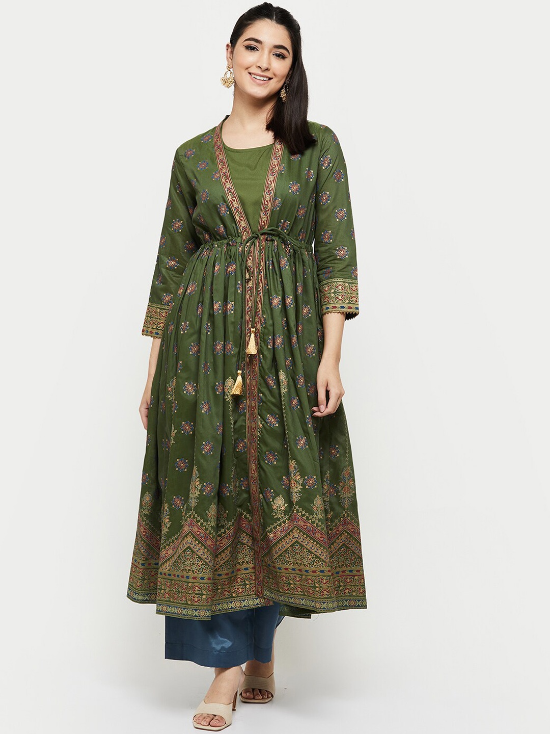 

max Women Olive Green Ethnic Motifs Embroidered Anarkali Kurta