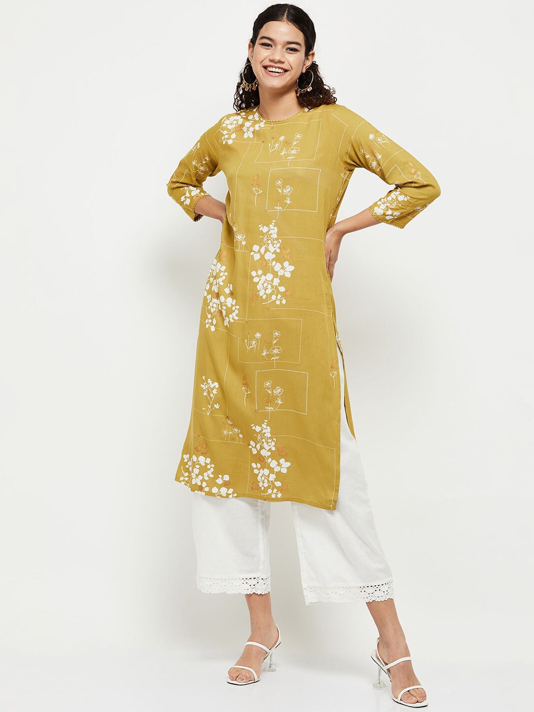 

max Women Lime Green Floral Printed Kurta