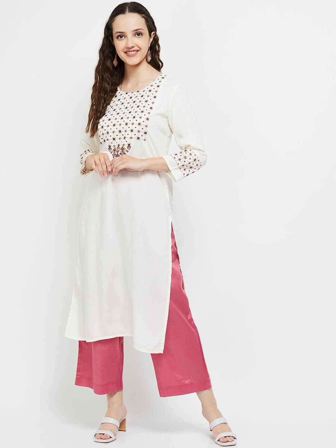 

max Women Off White Ethnic Motifs Yoke Design Mirror Work Kurta