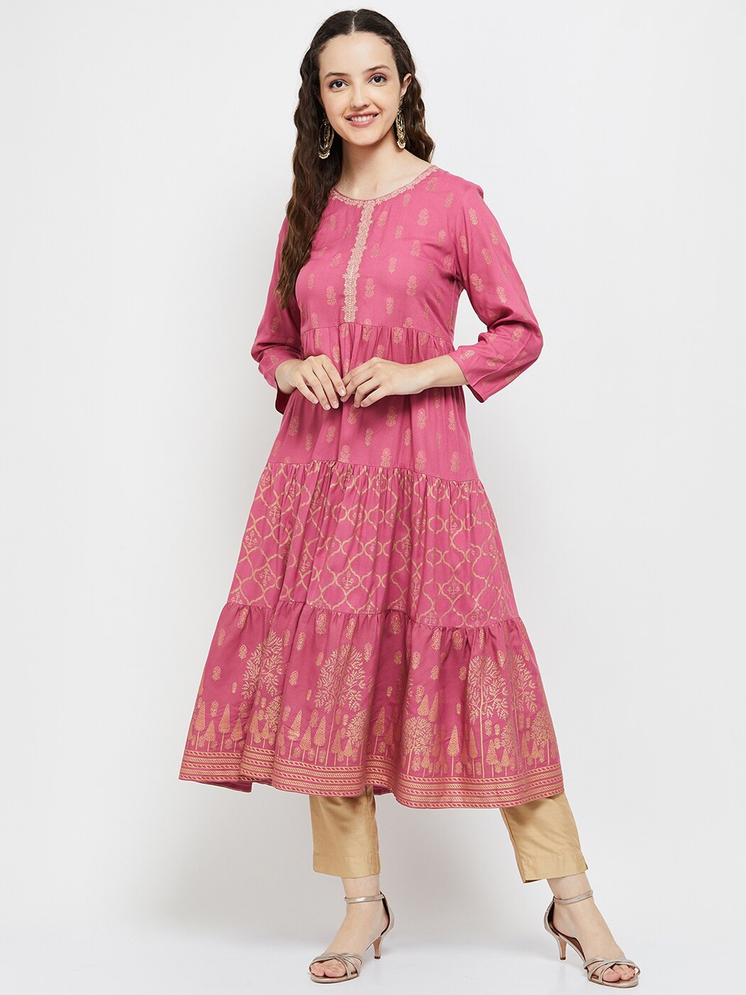 

max Women Pink & Gold-Toned Ethnic Motifs Printed Anarkali Kurta