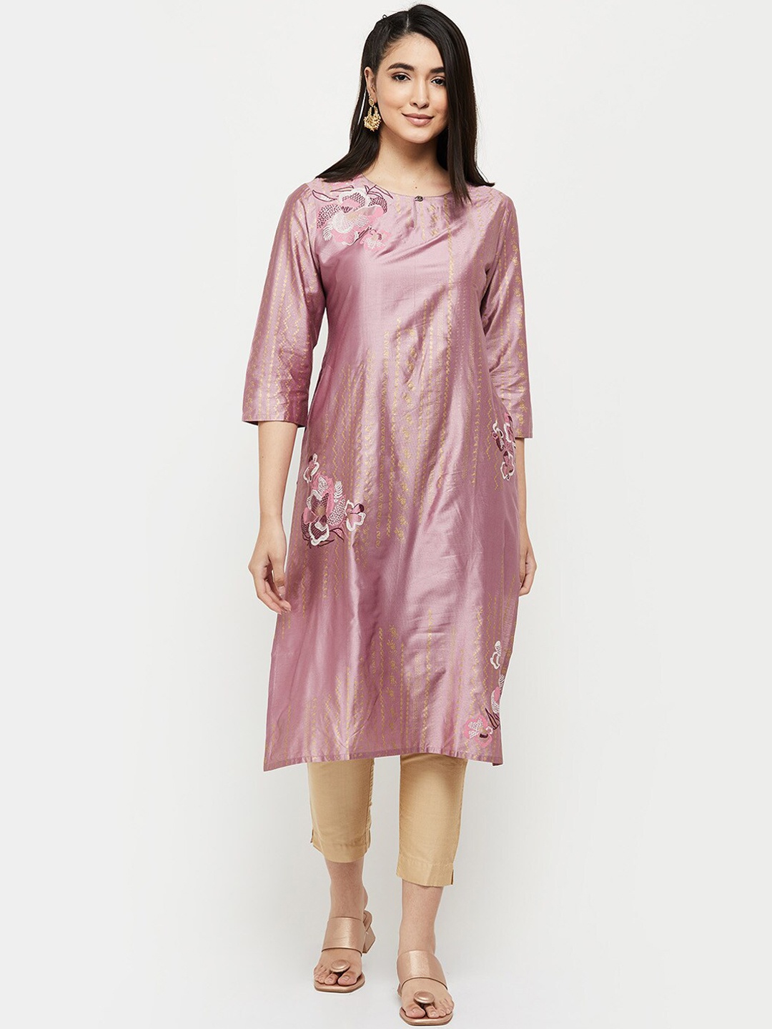 

max Women Purple Embroidered Keyhole Neck Straight Kurta