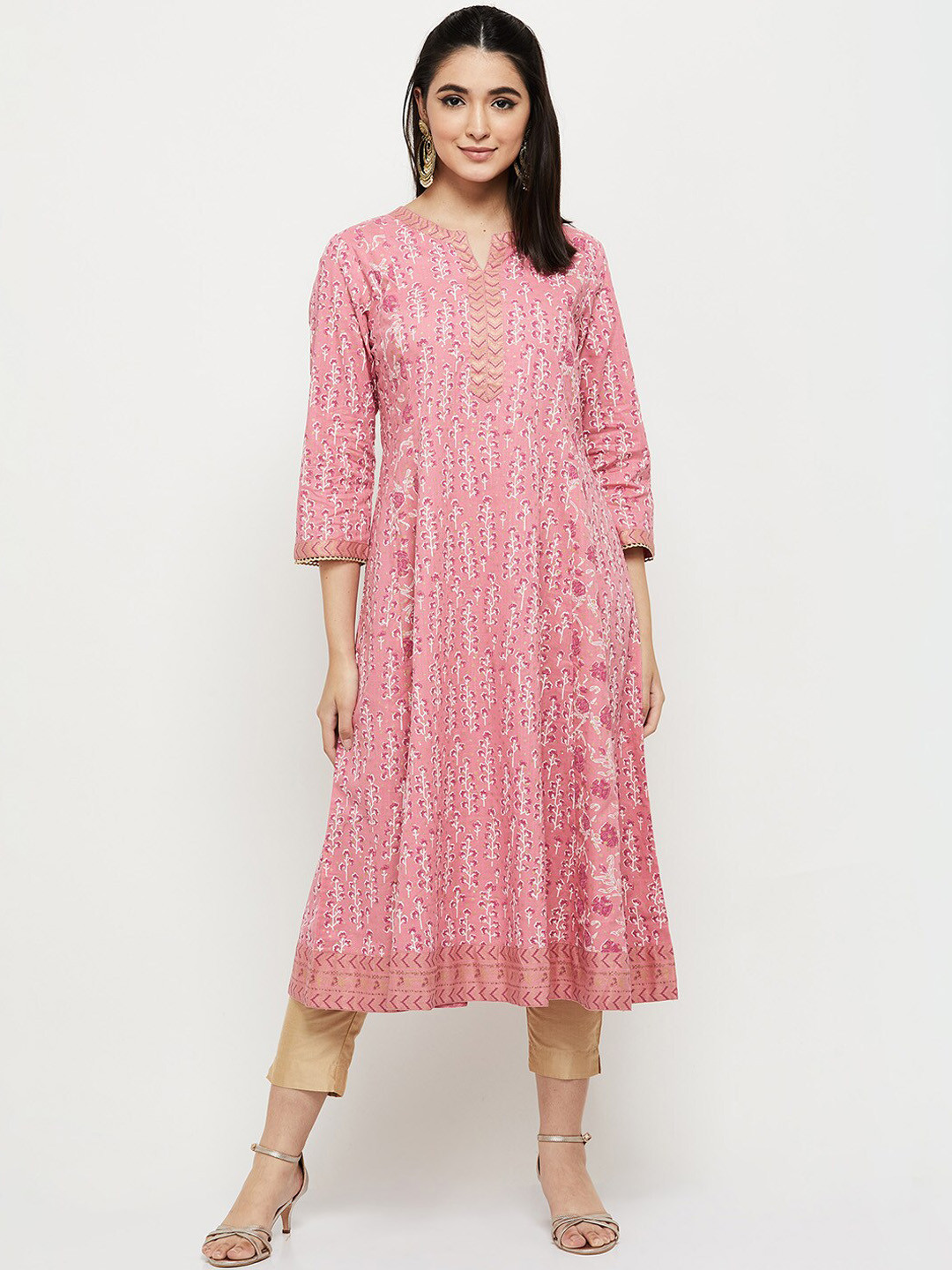 

max Women Pink Floral Printed Keyhole Neck Kurta